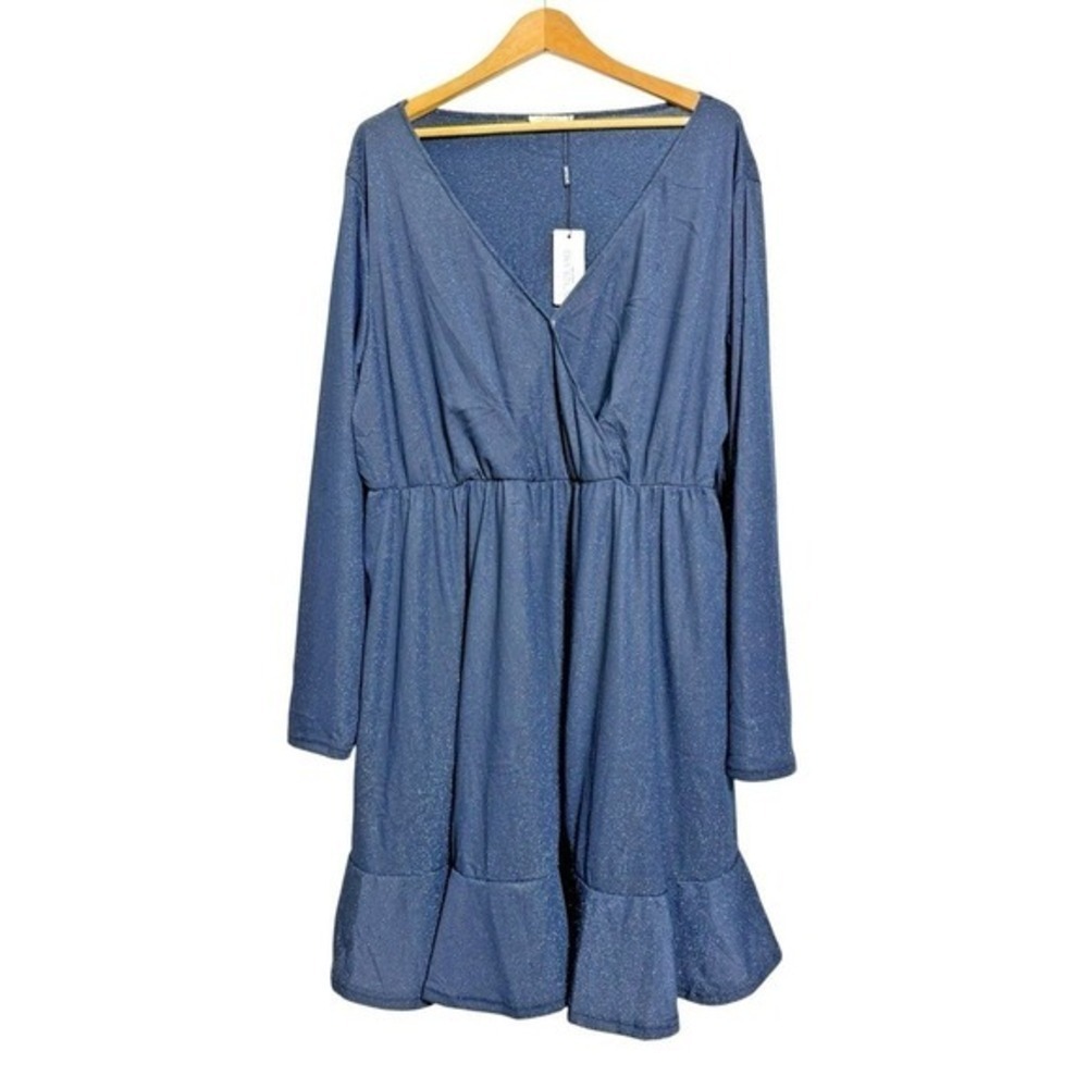 NEW In'Voland Wrap Dress Womens 22W Fit & Flare Blue Metallic Shimmer Ruffle Hem